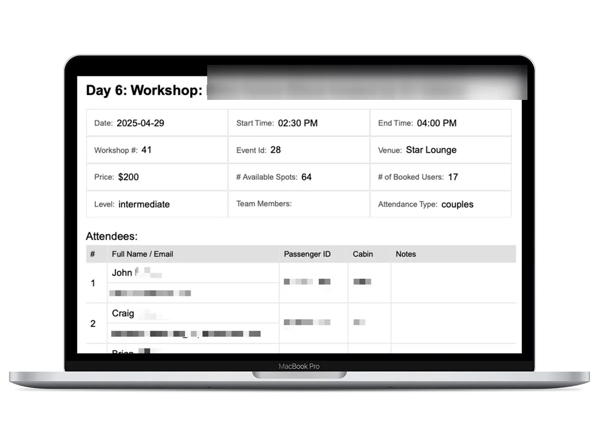 Operator dashboard view showing a workshop session, attendee roster, and attendance metrics, with the session title redacted