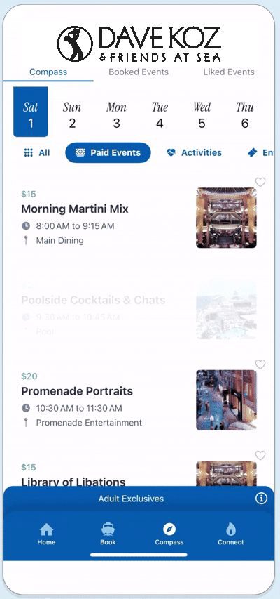 Paid events list in the branded attendee app, showing ticketed sessions with per-ticket pricing