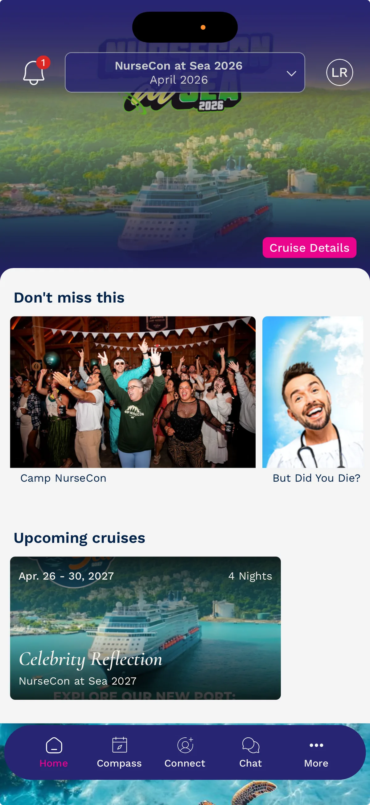 Branded guest app home screen for NurseCon at Sea, featuring the ship and upcoming cruises