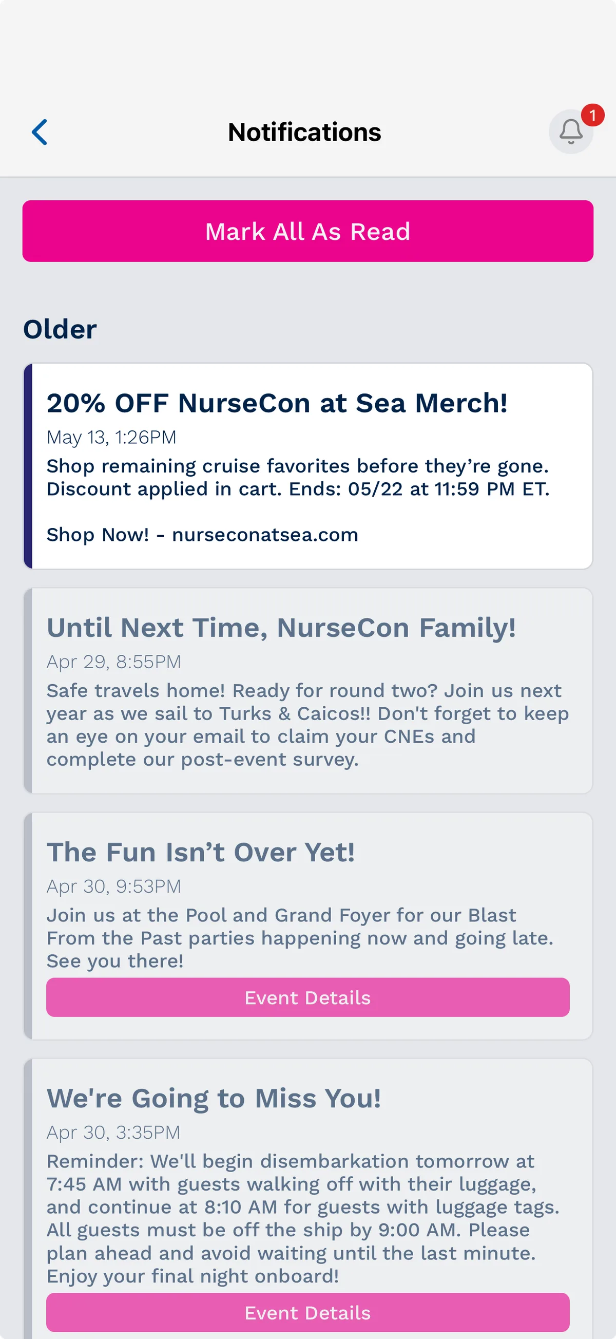 NurseCon at Sea push notifications screen