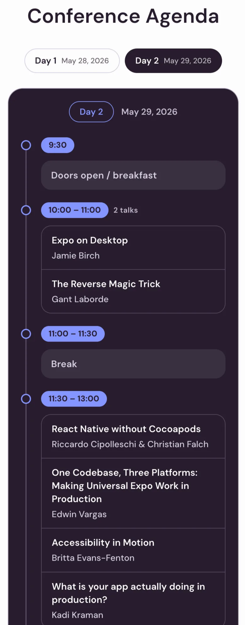 Tech conference agenda screen in the branded attendee app, listing sessions and tracks